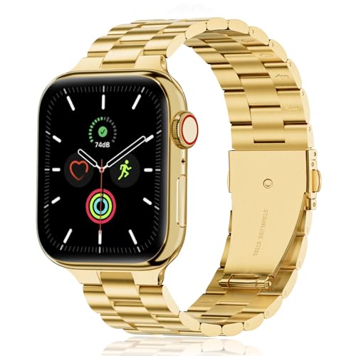 QAZNZ Metall Kompatibel mit Apple Watch Armband 40mm 41mm 38mm 42mm(Series 10), Damen Herren Edelstahl iWatch Bands für Apple Watch Ultra 2/Ultra SE, iwatch Series 10 9 8 7 6 5 4 3 2 1(Gold) von QAZNZ