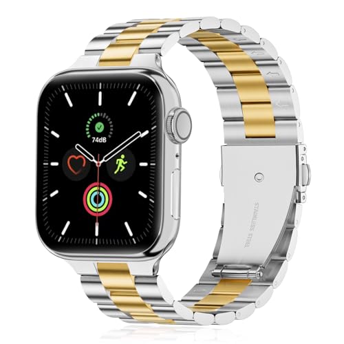 QAZNZ Metall Kompatibel mit Apple Watch Armband 46mm 45mm 44mm 49mm 42mm(Series 3 2 1), Herren Edelstahl iWatch Bands für Apple Watch Ultra 2/Ultra SE, iwatch Series 10 9 8 7 6 5 4 3 2 1(Silber&Gold) von QAZNZ
