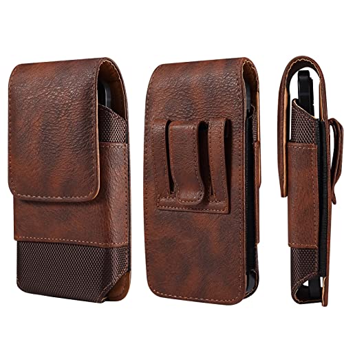 Handy Gürtel Clip Holster Leder Braun, Handy Gürteltasche mit Kartenhalter, 5.2" Vertikale Leder Smartphone Tasche mit Gürtelschlaufe Reisen Camping Telefon Gürtelhalter Brieftasche Hüfttasche von QBYVQQN