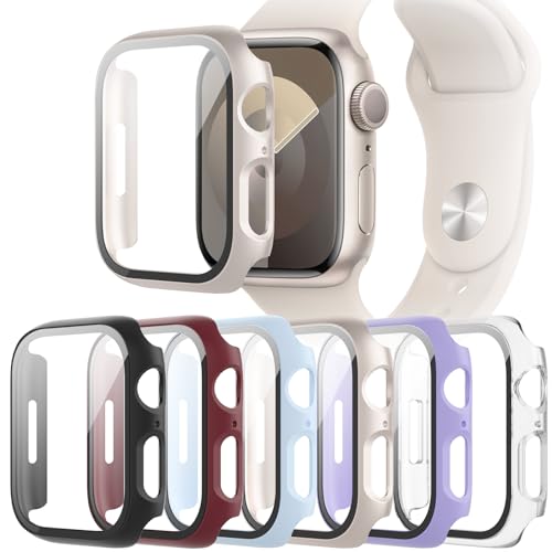 6-Pack Hülle mit Panzerglas Schutzfolie Kompatibel mit Apple Watch Series 6 SE 2022 5 4 44mm, Vollständige Abdeckung Hard PC Protective Face Cover Bumper für iWatch 44mm von QCKANLJ