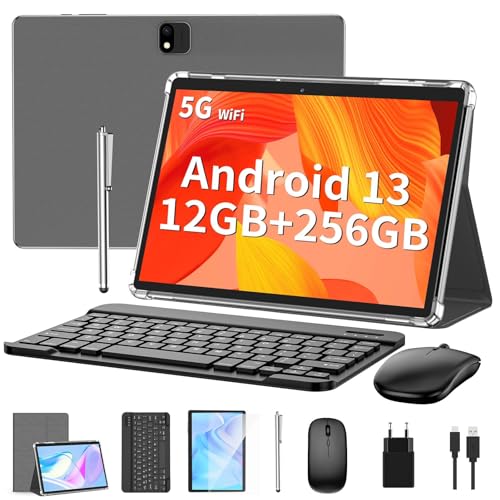 QDDQ Android 13 Tablet 10 Zoll mit Tastatur,12GB RAM+256GB ROM(TF 1TB),2-in-1 Tablet Mit Hülle Maus Stift, Octa-Core, 7000mAh/1080FHD/ 8MP Kamera /2.4GHZ+5G WiFi/GPS/OTG Typ-c (Grau) von QDDQ