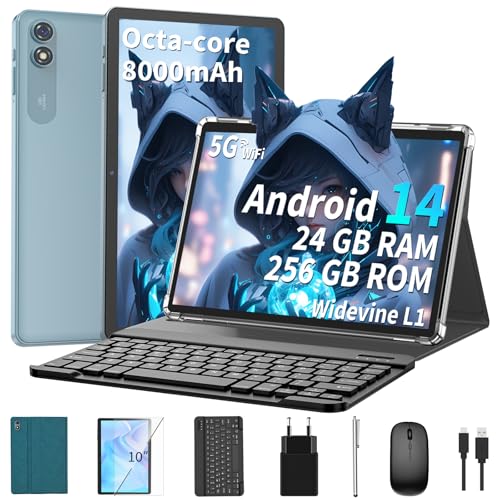 QDDQ Tablet 10 Zoll mit Tastatur, Android 14 Tablet mit 24GB+256GB, 1TB Expand, 8-Core, 8000mAh, 5G WiFi, Widevine L1, GMS, Gesichtserkennung, 2 in 1 mit Tastatur, Maus, Stylus (Grün) von QDDQ