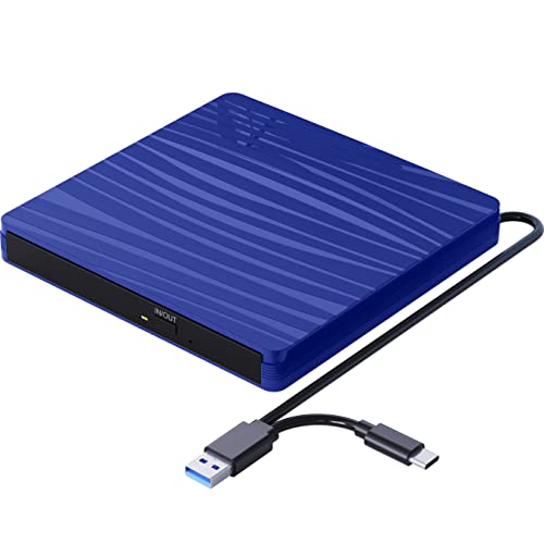 QDSYLQ Externes CD DVD Laufwerk USB 3.0 Type-C Tragbar CD DVD +/-RW Brenner Optical Drive DVD Laufwerk Extern für Laptop, PC, Desktop, MacBook, iMac, Windows 11/10/8/7/XP/Linux/Vista/MacOS-Blau von QDSYLQ