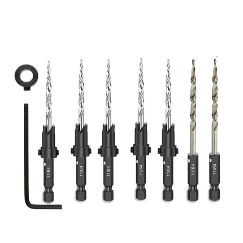Holzversenkungsbohrer-Set, SAE Kegelbohrer mit 1/4 Zoll Sechskantschaft, 7/64, 9/64, 11/64, 3/16, 7/32, 5/7 Stück (5 Stück Gold) von QEJBQKWU