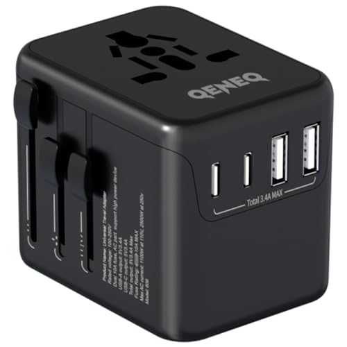 All in 1 Reiseadapter Weltweit, Universal Reisestecker Adapter Weltweit mit 2 USB A und 2 USB C, Internationaler Steckdosenadapter für England Japan Thailand Australien, Travel Adapter（Schwarz） von QENEQ