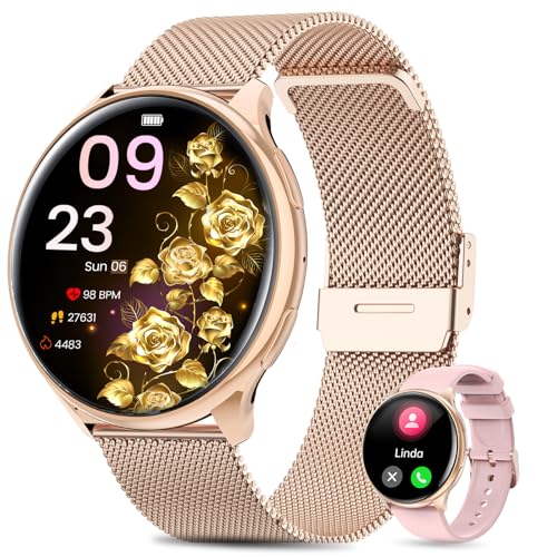 2025 Smartwatch Damen mit ET/HRV/SIRI, 1.39"TFT Touch Screen Armbanduhr mit Telefonfunktion SpO2 Schlafüberwachung Menstruationszyklus IP68 Wasserdicht Fitness Tracker für iOS Android (Roségold) von QEYUMYEU