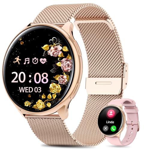 2025 Smartwatch Damen mit ET/HRV/SIRI - 1.39" TFT Touch Screen Armbanduhr mit Telefonfunktion,SpO2, Schlafüberwachung,Menstruationszyklus,IP68 Wasserdicht,Fitness Tracker für iOS & Android (Rose Gold) von QEYUMYEU