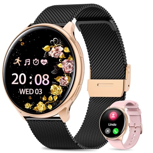 2025 Smartwatch Damen mit ET/HRV/SIRI - 1.39" TFT Touch Screen Armbanduhr mit Telefonfunktion, SpO2, Schlafüberwachung, Menstruationszyklus, IP68, Fitness Tracker Für iOS & Android (Schwarz Gold) von QEYUMYEU