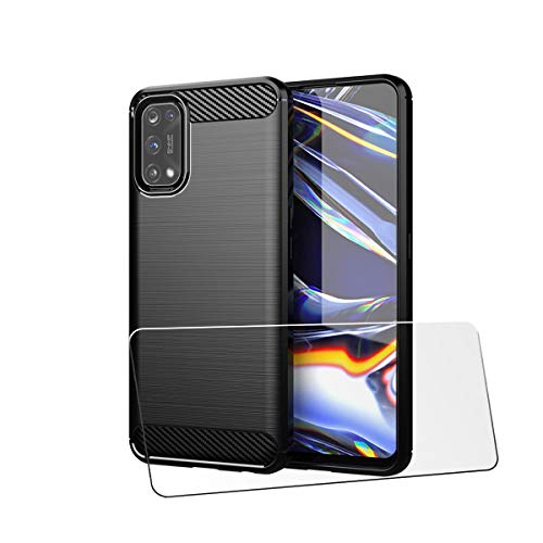 QFSM Hülle + Panzerglas Für Realme 7 Pro - Kohlefaser Shell Schutzhülle Silikon Weich TPU Ani-Knock Case, with Gehärtetes Glas Panzerglas Folie - Black von QFSM