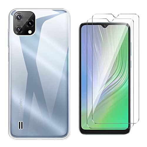 QFSM Schutzhülle Hülle für Blackview A55 + 2 Stück Tempered Glass Schutzfolie - Transparent Weich Silikon Flexibel TPU Handyhülle Tasche Case (6.528") - Clear von QFSM