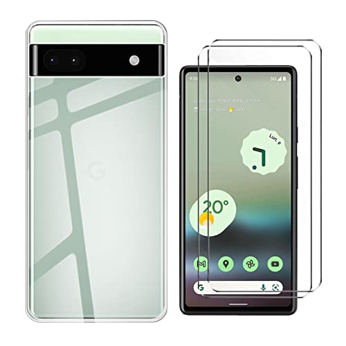 QFSM Schutzhülle Hülle für Google Pixel 6a (6.1") + 2 Stück Tempered Glass Schutzfolie - Transparent Weich Silikon Flexibel TPU Handyhülle Tasche Case - Clear von QFSM