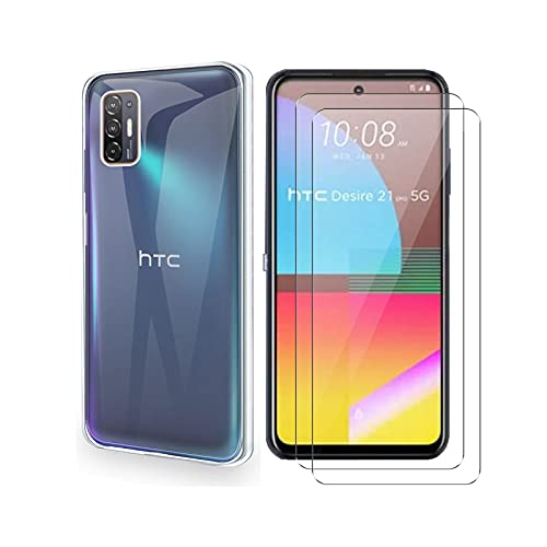 QFSM Schutzhülle Hülle für HTC Desire 21 Pro 5G + 2 Stück Tempered Glass Schutzfolie - Transparent Weich Silikon Flexibel TPU Handyhülle Tasche Case (6.7") - Clear von QFSM