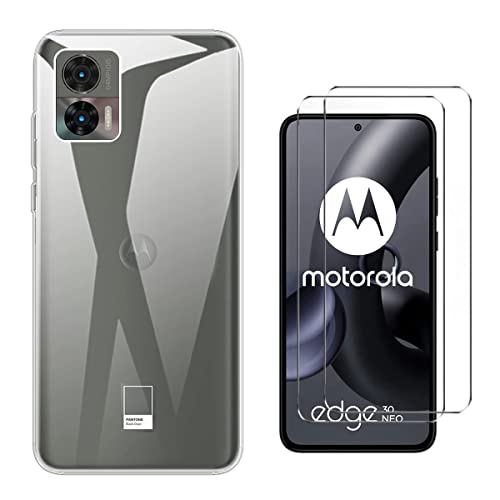 QFSM Schutzhülle Hülle für Motorola Edge 30 Neo (6.28") + 2 Stück Tempered Glass Schutzfolie - Transparent Weich Silikon Flexibel TPU Handyhülle Tasche Case - Clear von QFSM