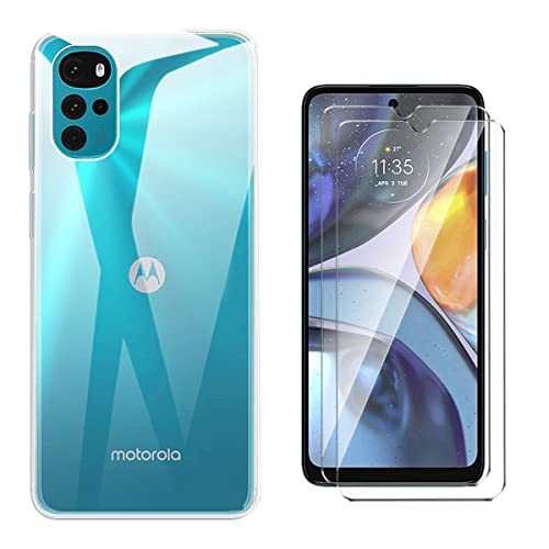 QFSM Schutzhülle Hülle für Motorola Moto G22 + 2 Stück Tempered Glass Schutzfolie - Transparent Weich Silikon Flexibel TPU Handyhülle Tasche Case (6.5") - Clear von QFSM