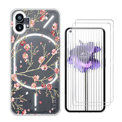 QFSM Schutzhülle Hülle für Nothing Phone (1) (6.55") + 2 Stück Tempered Glass Schutzfolie - Transparent Weich Silikon Flexibel TPU Handyhülle Tasche Case - Pflaumenblüte von QFSM