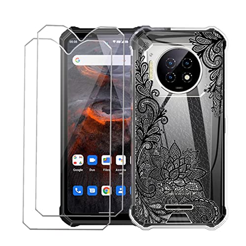 QFSM Schutzhülle Hülle für Oukitel WP19 (6.78") + 2 Stück Tempered Glass Schutzfolie - Transparent Weich Silikon Flexibel TPU Handyhülle Tasche Case - Schwarze Blume von QFSM