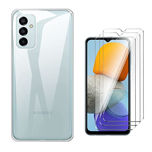 QFSM Schutzhülle Hülle für Samsung Galaxy M23 5G + 3 Stück Tempered Glass Schutzfolie - Transparent Weich Silikon Flexibel TPU Handyhülle Tasche Case (6.6") - Clear von QFSM