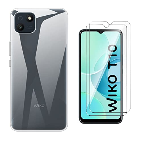 QFSM Schutzhülle Hülle für Wiko T10 (6,5")+ 2 Stück Tempered Glass Schutzfolie - Transparent Weich Silikon Flexibel TPU Handyhülle Tasche Case - Clear von QFSM