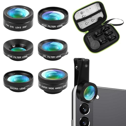 QGGTQG 6 in 1 Handy Objektiv Kit 205 ° Fischaugenobjektiv, 140° Weitwinkelobjektiv, Makroobjektiv (25x), Sternfilter, ND32/CPL Filter Lens für iPhone, Samsung und die meisten Smartphones von QGGTQG