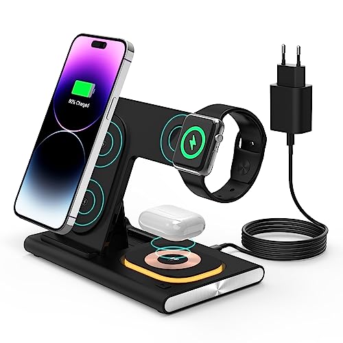 4-in-1 Ladestation für Apple Watch und iPhone 15,Faltbar Kabelloses Ladeständer,Wireless Induktive Fast Charger für iPhone 15 Pro Max/14/13 Mini/12/11 Plus,iWatch Series 8/7/6/SE/5/4/3/Ultra, AirPods von QGRHO