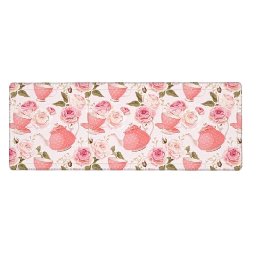 QGWDYYJQ Mauspad, Motiv: Teetassen mit Rosen, romantisch, Shabby-Druck, 30 x 80 cm, Tastatur-Pad, Schreibtischschutz von QGWDYYJQ