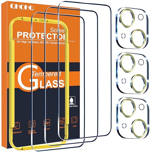 QHOHQ 3 Stück Panzer Schutz Glas für iPhone 15 6,1 Zoll mit 3 Stück Kameraschutz, 9H Härte Schutzfolie, Ultra-Klar Displayschutzfolie, Anti-Kratzer, Bläschenfrei-Gold von QHOHQ