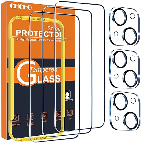 QHOHQ 3 Stück Panzer Schutz Glas für iPhone 15 Plus [6,7 Zoll] mit 3 Stück Kameraschutz, 9H Härte Schutzfolie, Ultra-Klar Displayschutzfolie, Anti-Kratzer, Bläschenfrei von QHOHQ
