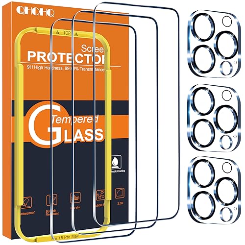 QHOHQ 3 Stück Panzer Schutz Glas für iPhone 15 Pro Max [6,7 Zoll] mit 3 Stück Kameraschutz, 9H Härte Schutzfolie, Ultra-Klar Displayschutzfolie, Anti-Kratzer, Bläschenfrei von QHOHQ