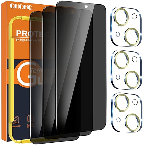QHOHQ 3 Stück Sichtschutz für iPhone 15 6,1 Zoll mit 3 Stück Kameraschutz, Anti-Spähen Panzer Schutz Glas, HD Blickschutzfolie, 9H Härte, Anti-Kratzer, Bläschenfrei-Gold von QHOHQ