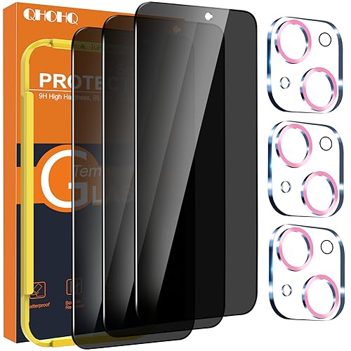 QHOHQ 3 Stück Sichtschutz für iPhone 15 6,1 Zoll mit 3 Stück Kameraschutz, Anti-Spähen Panzer Schutz Glas, HD Blickschutzfolie, 9H Härte, Anti-Kratzer, Bläschenfrei-Rosa von QHOHQ