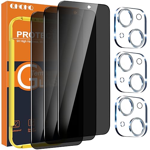 QHOHQ 3 Stück Sichtschutz für iPhone 15 6,1 Zoll mit 3 Stück Kameraschutz, Anti-Spähen Panzer Schutz Glas, HD Blickschutzfolie, 9H Härte, Anti-Kratzer, Bläschenfrei-Silber von QHOHQ