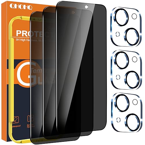 QHOHQ 3 Stück Sichtschutz für iPhone 15 [6,1 Zoll] mit 3 Stück Kameraschutz, Anti-Spähen Panzer Schutz Glas, HD Blickschutzfolie, 9H Härte, Anti-Kratzer, Bläschenfrei von QHOHQ