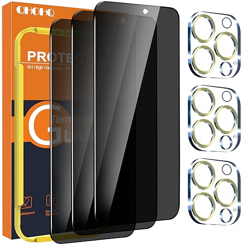 QHOHQ 3 Stück Sichtschutz für iPhone 15 Pro 6,1 Zoll mit 3 Stück Kameraschutz, Anti-Spähen Panzer Schutz Glas, HD Blickschutzfolie, 9H Härte, Anti-Kratzer, Bläschenfrei-Gold von QHOHQ