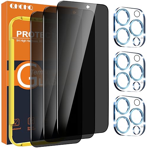 QHOHQ 3 Stück Sichtschutz für iPhone 15 Pro Max 6,7 Zoll mit 3 Stück Kameraschutz, Anti-Spähen Panzer Schutz Glas, HD Blickschutzfolie, 9H Härte, Anti-Kratzer, Bläschenfrei-Hellblau von QHOHQ