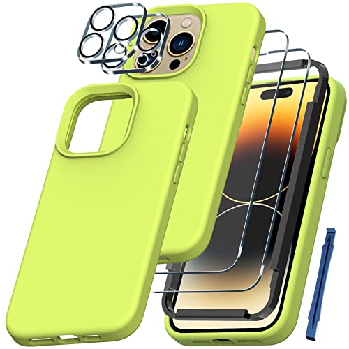QHOHQ [5 in 1] für iPhone 14 Pro Max Hülle, mit 2 x Displayschutzfolie + 2 x Kameralinsenschutz, weiches Silikon, militärisch, stoßfest, schlank, dünne Handyhülle 6,7 Zoll, fluoreszierendes Gelb von QHOHQ