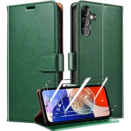 QHOHQ Handyhülle für Samsung Galaxy A14 4G/5G Hülle mit 2 Stück Panzer Schutz Glas, Premium Leder Schutzhülle, [RFID Sperrung Schutz], Magnetische Schnalle, Multifunktional, Stoßfest - Grün von QHOHQ
