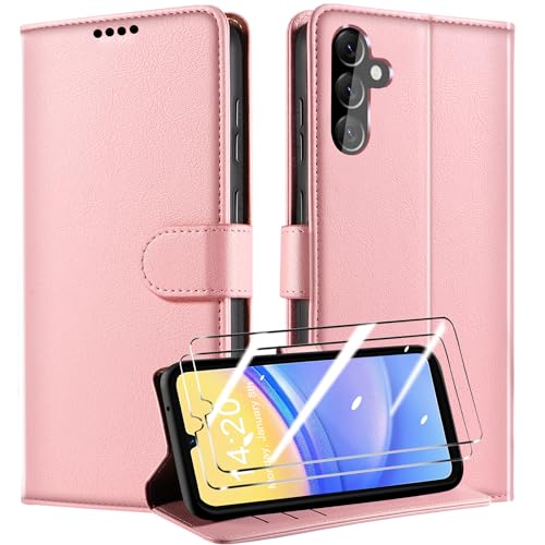 QHOHQ Handyhülle für Samsung Galaxy A15 4G/5G Hülle mit 2 X Panzer Schutz Glas, Premium Leder Schutzhülle, [RFID Sperrung Schutz], Magnetische Schnalle, Multifunktional, Stoßfest (Klassiker)-Roségold von QHOHQ