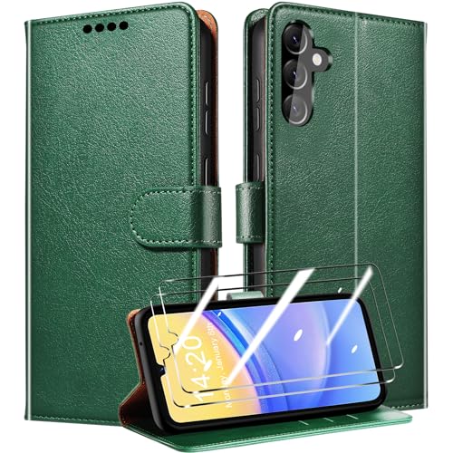 QHOHQ Handyhülle für Samsung Galaxy A15 4G/5G Hülle mit 2 X Panzer Schutz Glas, Premium Leder Schutzhülle, [RFID Sperrung Schutz], Magnetische Schnalle, Multifunktional, Stoßfest (Klassiker) - Grün von QHOHQ