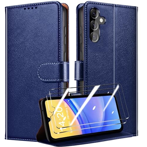 QHOHQ Handyhülle für Samsung Galaxy A15 4G/5G Hülle mit 2 X Panzer Schutz Glas, Premium Leder Schutzhülle, [RFID Sperrung Schutz], Magnetische Schnalle, Multifunktional, Stoßfest (Klassiker) - Blau von QHOHQ