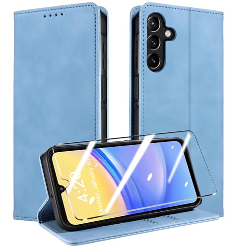 QHOHQ Handyhülle für Samsung Galaxy A15 4G/5G Hülle [mit A15 Schutzfolie], Premium Lederhülle Schutzhülle, [RFID Sperrung Schutz], Magnet Klappbar Flip Case Tasche, Kartenfach (Retro)-Hellblau von QHOHQ