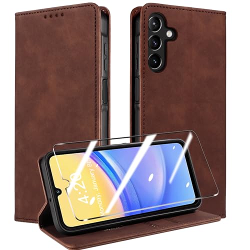 QHOHQ Handyhülle für Samsung Galaxy A15 4G/5G Hülle [mit A15 Schutzfolie], Premium Lederhülle Schutzhülle, [RFID Sperrung Schutz], Magnet Klappbar Flip Case Tasche, Kartenfach (Retro)-Kaffee von QHOHQ