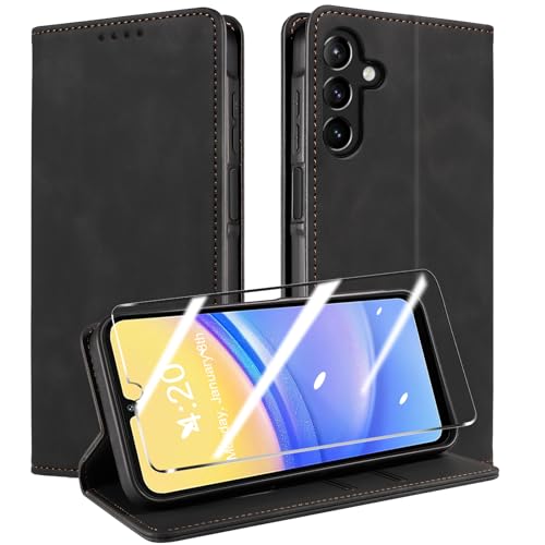 QHOHQ Handyhülle für Samsung Galaxy A15 4G/5G Hülle [mit A15 Schutzfolie], Premium Lederhülle Schutzhülle, [RFID Sperrung Schutz], Magnet Klappbar Flip Case Tasche, Kartenfach (Retro)-Schwarz von QHOHQ