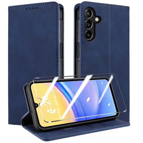 QHOHQ Handyhülle für Samsung Galaxy A15 4G/5G Hülle [mit A15 Schutzfolie], Premium Lederhülle Schutzhülle, [RFID Sperrung Schutz], Magnet Klappbar Flip Case Tasche, Kartenfach (Retro)-Tiefblau von QHOHQ