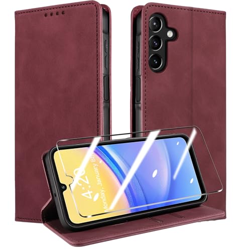 QHOHQ Handyhülle für Samsung Galaxy A15 4G/5G Hülle [mit A15 Schutzfolie], Premium Lederhülle Schutzhülle, [RFID Sperrung Schutz], Magnet Klappbar Flip Case Tasche, Kartenfach (Retro)-Weinrot von QHOHQ