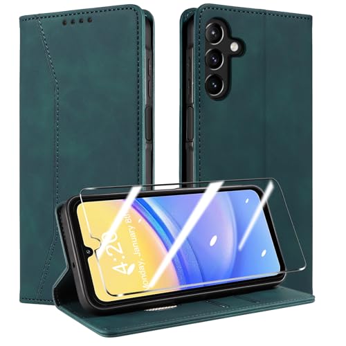 QHOHQ Handyhülle für Samsung Galaxy A15 4G/5G Hülle mit Panzer Folie, Premium Leder Schutzhülle, [RFID Sperrung Schutz], Magnet Klappbar Flip Case Tasche, Multifunktional, Stoßfest (Traum)-Seegrün von QHOHQ