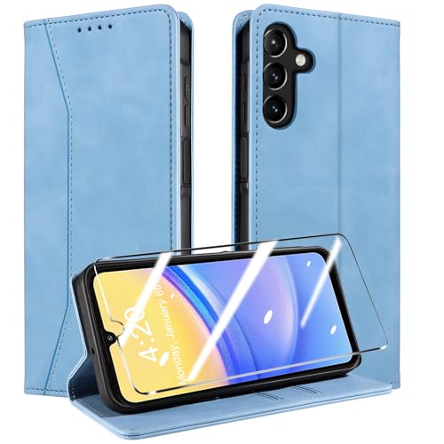 QHOHQ Handyhülle für Samsung Galaxy A15 4G/5G Hülle mit Panzer Folie, Premium Leder Schutzhülle, [RFID Sperrung Schutz], Magnet Klappbar Flip Case Tasche, Multifunktional, Stoßfest (Traum)-Hellblau von QHOHQ