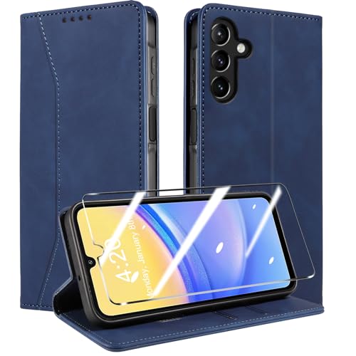 QHOHQ Handyhülle für Samsung Galaxy A15 4G/5G Hülle mit Panzerfolie, Premium Leder Schutzhülle, [RFID Sperrung Schutz], Magnet Klappbar Flip Case Tasche, Multifunktional, Stoßfest (Traum)-Tiefblau von QHOHQ