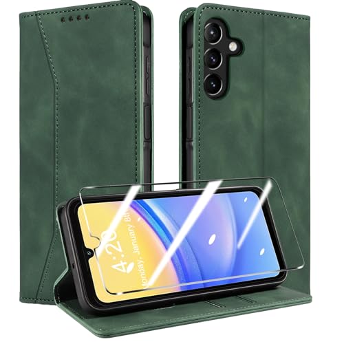 QHOHQ Handyhülle für Samsung Galaxy A15 4G/5G Hülle mit Panzer Folie, Premium Leder Schutzhülle, [RFID Sperrung Schutz], Magnet Klappbar Flip Case Tasche, Multifunktional, Stoßfest (Traum)-Grasgrün von QHOHQ