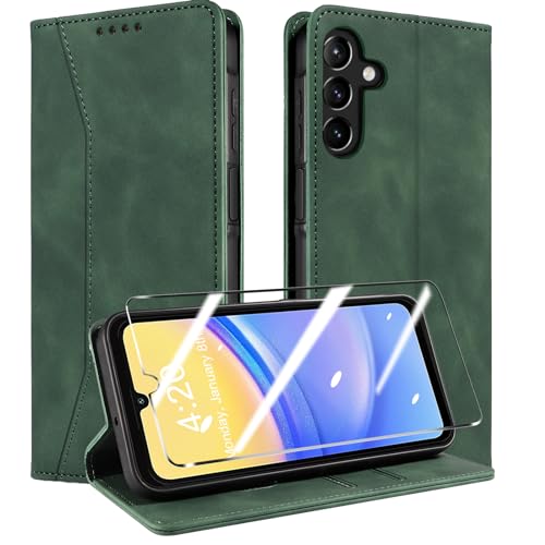 QHOHQ Handyhülle für Samsung Galaxy A15 4G/5G Hülle mit Panzerfolie, Premium Leder Schutzhülle, [RFID Sperrung Schutz], Magnet Klappbar Flip Case Tasche, Multifunktional, Stoßfest (Traum)-Grasgrün von QHOHQ