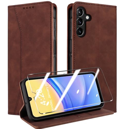 QHOHQ Handyhülle für Samsung Galaxy A15 4G/5G Hülle mit Panzerfolie, Premium Leder Schutzhülle, [RFID Sperrung Schutz], Magnet Klappbar Flip Case Tasche, Multifunktional, Stoßfest (Traum)-Kaffee von QHOHQ